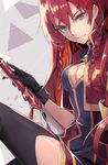  1girl blue_eyes breasts cleavage long_hair looking_at_viewer re:creators red_hair selesia_upitiria sword thighhighs weapon 