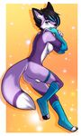  2017 anthro balls black_hair blue_eyes blue_highlights canine clothing fox fur girly hair highlights male mammal purple_fur scarlet-frost taro-fox 