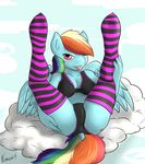  2014 absurd_res anthro anthrofied blue_feathers blush bra camel_toe clothing cloud equine feathered_wings feathers female friendship_is_magic hair hi_res legs_up legwear looking_at_viewer mammal multicolored_hair my_little_pony one_eye_closed outside panties pegasus presenting rainbow_dash_(mlp) rainbow_hair sky solo striped_legwear stripes tongue tongue_out underwear venauva wings 