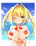  ;&gt; ahoge bikini blonde_hair breast_hold breasts criss-cross_halter day fate/grand_order fate_(series) green_eyes hair_intakes halterneck highres large_breasts long_hair looking_at_viewer nero_claudius_(fate)_(all) nero_claudius_(swimsuit_caster)_(fate) ocean outdoors sitting solo sota striped striped_bikini swimsuit twintails 