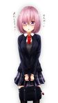  absurdres bag black_legwear black_skirt blush breasts eyebrows_visible_through_hair fate/grand_order fate_(series) glasses highres large_breasts looking_at_viewer mash_kyrielight necktie parted_lips purple_eyes purple_hair red_neckwear school_bag short_hair skirt solo suisen-21 thighhighs translated 