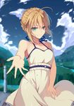  absurdres ahoge artoria_pendragon_(all) bangs blonde_hair blue_sky blush breasts closed_mouth cloud cloudy_sky commentary_request day dress eyebrows_visible_through_hair fate/stay_night fate_(series) grass green_eyes hair_between_eyes highres looking_at_viewer medium_breasts outdoors outstretched_hand rafael-m saber sidelocks sky smile solo sundress tsurime white_dress 