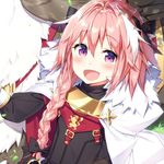  :d androgynous astolfo_(fate) black_bow bow braid cape fang fate/apocrypha fate_(series) hair_intakes hair_ribbon looking_at_viewer male_focus masuishi_kinoto multicolored_hair open_mouth otoko_no_ko pink_hair purple_eyes ribbon single_braid smile streaked_hair upper_body 