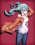  bad_id bad_pixiv_id bare_shoulders blue_eyes blue_hair bra_strap closed_mouth collarbone denim earrings eyebrows_visible_through_hair h2o_(dfo) hatsune_miku highres jeans jewelry long_hair looking_at_viewer no_eyewear off_shoulder pants solo suna_no_wakusei_(vocaloid) twintails vocaloid 