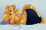  2017 absurd_res anthro areola big_breasts breasts canine clothed clothing dog dogmom female hi_res lying mammal neronova nipples on_side reading slightly_chubby solo thick_thighs topless wide_hips 