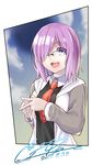  absurdres blush cototiworld dated eyebrows_visible_through_hair fate/grand_order fate_(series) glasses hair_over_one_eye highres looking_at_viewer mash_kyrielight necktie open_mouth purple_eyes purple_hair red_neckwear short_hair signature smile solo teeth upper_body 