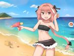  1girl absurdres astolfo_(fate) beach black_bow blush bow braid breasts chibi chibi_inset cloud collarbone conch day eyebrows_visible_through_hair fang fate/apocrypha fate/grand_order fate_(series) fujimaru_ritsuka_(female) highres long_hair looking_at_viewer medium_breasts multicolored_hair multiple_girls navel ocean open_mouth orange_eyes orange_hair otoko_no_ko outdoors pink_hair purple_eyes riyo_(lyomsnpmp)_(style) sand_castle sand_sculpture short_hair short_ponytail shou_jian_yu side_ponytail sky smile speech_bubble starfish water water_gun white_hair 