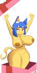  2017 5_fingers animal_crossing ankha anthro areola arms_above_head big_breasts blue_hair bow_tie breasts cat digital_media_(artwork) ear_tuft egyptian fangs feline female gift hair hi_res i-a-v mammal nintendo nipples noseless nude raised_arm simple_background solo thick_thighs tuft video_games white_background wide_hips 
