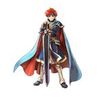  armor blue_armor blue_eyes cape cosplay durandal_(fire_emblem) eliwood_(fire_emblem) eliwood_(fire_emblem)_(cosplay) fire_emblem fire_emblem:_fuuin_no_tsurugi fire_emblem:_rekka_no_ken fire_emblem_heroes full_body looking_at_viewer male_focus official_art red_hair roy_(fire_emblem) short_hair smile standing sword wada_sachiko weapon 