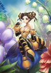  bare_shoulders bee_girl bendy_straw black_gloves braid breasts bun_cover candy cleavage double_bun drinking_straw elbow_gloves flower food genderswap genderswap_(mtf) gloves insect_girl insect_wings jewelry large_breasts lily_of_the_valley looking_at_viewer lucky9 necklace original personification sitting striped striped_legwear sweets wings yellow_eyes 
