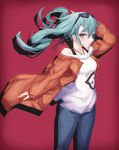  bad_id bad_pixiv_id bare_shoulders blue_eyes blue_hair bra_strap closed_mouth collarbone denim earrings eyebrows_visible_through_hair eyewear_on_head h2o_(dfo) hatsune_miku jeans jewelry long_hair looking_at_viewer off_shoulder pants solo suna_no_wakusei_(vocaloid) sunglasses twintails vocaloid 