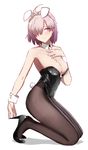 :/ animal_ears bare_shoulders black_legwear blush breasts bunny_ears bunny_tail bunnysuit cleavage closed_mouth collarbone eyebrows_visible_through_hair fake_animal_ears fake_tail fate/grand_order fate_(series) hair_over_one_eye hand_on_own_chest high_heels highres kneeling large_breasts looking_at_viewer mash_kyrielight pantyhose purple_eyes purple_hair solo tail vic wrist_cuffs 