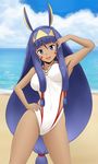  animal_ears arm_up beach cloud competition_swimsuit dark_skin day fate/grand_order fate_(series) fuuma_nagi hairband hand_on_hip horizon jackal_ears jewelry long_hair looking_at_viewer necklace nitocris_(fate/grand_order) nitocris_(swimsuit_assassin)_(fate) ocean one-piece_swimsuit one_eye_closed open_mouth outdoors purple_eyes purple_hair sky solo swimsuit very_long_hair white_swimsuit 