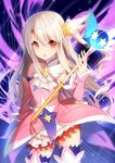  bison_cangshu blue_legwear blush detached_sleeves eyebrows_visible_through_hair fate/kaleid_liner_prisma_illya fate_(series) holding holding_staff illyasviel_von_einzbern long_hair looking_at_viewer parted_lips prisma_illya_(zwei_form) red_eyes silver_hair solo staff star thighhighs 