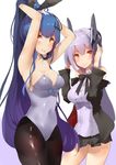  &gt;:) alternate_hairstyle animal_ears arms_up bare_shoulders black_bow black_legwear black_skirt blue_hair blush bow brown_eyes bunny_ears bunnysuit center_frills closed_mouth collarbone commentary_request covered_navel cowboy_shot detached_sleeves five-seven_(girls_frontline) girls_frontline grey_leotard hair_between_eyes hair_down hair_ornament hairstyle_switch hand_behind_head hand_in_hair head_tilt headgear headwear_switch high_ponytail lavender_hair leotard long_hair long_ponytail long_sleeves looking_at_viewer mouth_hold multiple_girls no_jacket pantyhose pleated_skirt purple_legwear shirt skirt sleeveless sleeveless_shirt smile tar-21_(girls_frontline) tying_hair v-shaped_eyebrows very_long_hair white_background white_shirt yueqin_(monnpiano) 