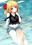  absurdres alternate_costume bad_feet bare_legs barefoot beach black_panties blonde_hair camisole day feet finger_to_mouth hair_ribbon highres mumu-crown orange_eyes outdoors panties partially_submerged ribbon rumia shore short_hair short_shorts shorts soles touhou underwear water 