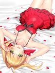 :d bare_shoulders blonde_hair bow breasts cleavage covered_navel dress fate/extra fate_(series) frilled_dress frills green_eyes hair_bow hair_intakes kagachi_saku large_breasts long_hair looking_at_viewer lying modern_costume_of_crimson nero_claudius_(fate) nero_claudius_(fate)_(all) on_back open_mouth petals red_dress smile solo 