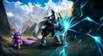 2017 ambiguous_gender blue_eyes detailed_background duo equine fan_character feathers female feral friendship_is_magic fur hair holding_wweapon hooves horn l1nkoln mammal melee_weapon my_little_pony pegasus purple_eyes purple_feathers purple_fur purple_hair sky sword twilight_sparkle_(mlp) weapon white_hair winged_unicorn wings 