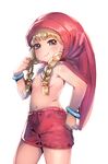  blonde_hair blue_eyes bow_(bhp) bracelet braid dragon_quest dragon_quest_xi hair_censor hair_over_breasts hand_on_hip hat jewelry long_hair shorts smirk solo topless twin_braids veronica_(dq11) white_background 