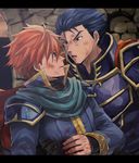  armor axe blood blue_eyes blue_hair cape commentary eliwood_(fire_emblem) fire_emblem fire_emblem:_rekka_no_ken hector_(fire_emblem) highres kometubu0712 male_focus multiple_boys red_hair short_hair weapon 