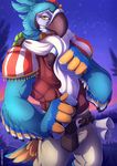  anthro avian beak biceps bird breath_of_the_wild close-up clothed clothing feathers half-closed_eyes kass_(zelda) looking_at_viewer male manly muscular night nintendo open_mouth outside pants parrot scarf shirt smile solo standing tazara the_legend_of_zelda triceps video_games yellow_eyes 