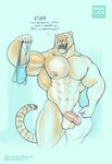  2017 abs anthro areola balls big_arms big_balls big_penis blue_eyes clothing dialogue english_text feline flaccid hybrid hyper hyper_muscles jockstrap liger mainlion male mammal markings muscular muscular_male musk nipples nude pecs penis simple_background solo stripes sweat text thick_thighs underwear 