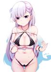  asymmetrical_bangs azur_lane bangs bare_shoulders belfast_(azur_lane) bikini black_bikini breasts bright_pupils checkered checkered_bikini cleavage closed_mouth collarbone cowboy_shot eyebrows_visible_through_hair front-tie_top hair_ribbon half_updo halterneck highres jewelry khibiki large_breasts lavender_hair long_hair multi-strapped_bikini navel off_shoulder purple_eyes ribbon shiny shiny_skin shirt simple_background single_earring skindentation smile solo swimsuit thigh_gap tied_shirt wet wet_clothes wet_shirt white_background white_pupils wristband 