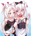  2girls american_flag american_flag_print animal_ears apron azur_lane bangs black_gloves black_legwear blue_eyes blush breast_grab cat_ears dress elbow_gloves eyebrows_visible_through_hair fingerless_gloves flag_print flat_chest flat_chest_grab frilled_apron frills gloves grabbing grabbing_from_behind green_eyes hammann_(azur_lane) heart highres kirisame_mia long_hair multiple_girls neckerchief open_mouth print_neckwear remodel_(kantai_collection) sims_(azur_lane) thighhighs waist_apron white_apron white_hair 