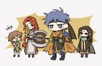  2girls axe black_hair blue_eyes blue_hair blush book braid brother_and_sister brown_hair cape commentary_request cosplay facial_mark fire_emblem fire_emblem:_souen_no_kiseki fire_emblem_heroes gloves greil greil_(cosplay) hair_tubes headband ike long_hair male_focus mist_(fire_emblem) multiple_boys multiple_girls open_mouth red_eyes scarf short_hair siblings skirt smile soren staff tiamat_(fire_emblem) weapon 