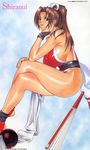  1girl 90s artist_name breasts brown_eyes brown_hair character_name crossed_legs dated fan fatal_fury hand_on_own_face hand_on_own_knee high_ponytail highres inoue_takuya large_breasts lipstick long_hair looking_at_viewer makeup parted_lips pelvic_curtain shiranui_mai sideboob smile solo the_king_of_fighters 