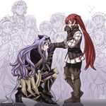  armor bangs blush boots camilla_(fire_emblem_if) closed_eyes dl eyebrows_visible_through_hair fire_emblem fire_emblem_if from_side gloves holding_hands knee_boots kneeling leather leather_gloves long_hair long_sleeves looking_at_another looking_down luna_(fire_emblem_if) multiple_girls one_knee profile purple_hair red_hair smile smlc standing twintails very_long_hair 