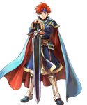  armor belt blue_armor blue_eyes cape cosplay detached_sleeves durandal_(fire_emblem) eliwood_(fire_emblem) eliwood_(fire_emblem)_(cosplay) fire_emblem fire_emblem:_fuuin_no_tsurugi fire_emblem_heroes full_body headband highres long_sleeves looking_at_viewer male_focus official_art red_hair roy_(fire_emblem) smile solo sword transparent_background wada_sachiko weapon 