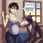  2017 alice_reed anthro bed black_hair brown_eyes canine clothed clothing collar dialogue duo female fur hair heresy_(artist) human interspecies keidran male mammal multicolored_fur pants pregnant shirt sitting slave speech_bubble topless two_tone_fur twokinds undershirt wolf wolf_terrorist_(twokinds) 