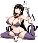  1girl armpits bare_shoulders barefoot bead_necklace beads bikini black_hair blush breasts brown_eyes cleavage collarbone earrings fate/grand_order fate_(series) full_body grin hair_between_eyes highres hoop_earrings jewelry kanno_takanori large_breasts long_hair looking_at_viewer navel necklace purple_bikini purple_legwear simple_background smile solo stomach stretch swimsuit white_background xuanzang_(fate/grand_order) yoga 