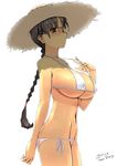  bikini blush braid breasts brown_eyes brown_hair covered_nipples glasses hat highres hoshina_tomoko large_breasts long_hair signature simple_background single_braid solo straw_hat string_bikini sweat sweatdrop swimsuit tan to_heart tsuina white_background 