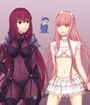  2girls ain_(3990473) armor bangs blue_bodysuit blue_hair blunt_bangs bodysuit breasts bustier cleavage contrapposto cowboy_shot crying fate/grand_order fate_(series) hand_on_hip highres holding_whip lancer long_hair looking_at_another medb_(fate)_(all) medb_(fate/grand_order) medium_breasts miniskirt multiple_girls navel pauldrons pink_hair purple_bodysuit purple_hair red_eyes scathach_(fate)_(all) scathach_(fate/grand_order) shoulder_armor skirt smile standing tears very_long_hair whip white_skirt yellow_eyes 