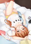  arm_up bag_of_chips bangs bare_legs barefoot bed_sheet blurry blush brown_hair clothes_writing collarbone colored_stripes commentary_request depth_of_field eyebrows_visible_through_hair foreshortening from_behind glasses handheld_game_console jitome kantai_collection knee_up long_hair looking_at_viewer lying mochizuki_(kantai_collection) ne_an_ito no_pants on_back on_bed open_mouth panties playstation_vita red-framed_eyewear semi-rimless_eyewear shirt short_sleeves solo striped striped_panties under-rim_eyewear underwear upside-down white_shirt yellow_eyes 
