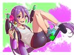  :d akebono_(kantai_collection) alternate_costume ass bell bike_shorts hair_bell hair_ornament jingle_bell kantai_collection long_hair looking_at_viewer open_mouth paint paint_on_clothes paint_on_face parody purple_eyes purple_hair shoes side_ponytail smile solo splat_dualies_(splatoon) splatoon_(series) splatoon_2 tank_top v-shaped_eyebrows very_long_hair yuki_to_hana 