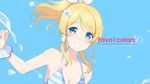  6u_(eternal_land) ayase_eli bikini blonde_hair blue_eyes blush breasts grin halterneck highres long_hair looking_at_viewer love_live! love_live!_school_idol_project medium_breasts non-web_source ponytail simple_background smile solo splashing swimsuit text_focus wallpaper 