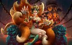  black_hair boots breasts chain chinese_clothes chinese_mythology claw_(weapon) cleavage da_ji_(smite) earrings facial_mark forehead_mark fox_tail gloves hair_bun hair_ornament hair_stick jewelry komainu kyuubi large_breasts lipstick makeup multiple_tails official_art orange_eyes simon_eckert sitting smite solo tail weapon 