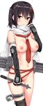  absurdres armlet between_breasts black_eyes black_gloves black_hair black_legwear blush breasts bright_pupils closed_mouth fingerless_gloves gloves hair_between_eyes hair_ornament highres jaku_denpa kantai_collection looking_at_viewer medium_breasts medium_hair navel neckerchief nipples nude pussy scarf sendai_(kantai_collection) simple_background single_thighhigh smile solo thighhighs thighlet torpedo torpedo_tubes two_side_up white_background white_scarf 