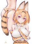  anho animal_ears ass blonde_hair bow bowtie breasts elbow_gloves extra_ears finger_to_chin from_behind gloves hair_between_eyes hand_on_own_elbow heart_cutout kemono_friends large_breasts looking_at_viewer multiple_views panties serval_(kemono_friends) serval_ears serval_print serval_tail shirt short_hair signature simple_background sleeveless tail underwear white_background white_shirt 