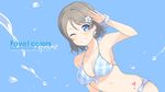  6u_(eternal_land) bikini blue_eyes blush breasts grey_hair grin halterneck heart highres large_breasts looking_at_viewer love_live! love_live!_sunshine!! non-web_source one_eye_closed salute short_hair simple_background smile solo splashing swimsuit text_focus wallpaper watanabe_you 