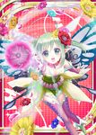  akkijin bug butterfly butterfly_wings card_(medium) dress fairy fairy_wings flower green_dress green_eyes green_hair hair_flower hair_ornament insect official_art open_mouth orb pixie_servant_(shinkai_no_valkyrie) pointy_ears shinkai_no_valkyrie wings 