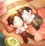  bed bed_sheet blanket brown_hair brown_pants chibi closed_eyes collared_shirt formal green_pants hatano_(joker_game) indoors jitsui_(joker_game) joker_game long_sleeves lying male_focus md5_mismatch multiple_boys on_back on_bed on_side open_mouth pants pillow pinkiepies2 shiny shiny_hair shirt short_hair sleeping suit sunlight suspenders waistcoat white_shirt 