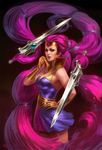  absurdly_long_hair artist_name bad_end breasts cleavage defeat entrapta gem gloves large_breasts lipstick long_hair makeup masters_of_the_universe pink_eyes pink_hair realistic signature simon_eckert solo sword sword_of_power sword_of_protection teeth tiara twintails upper_body very_long_hair weapon 