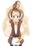  2017 animal animal_on_head artist_name bird black_eyes blonde_hair blush brown_hair cane coat commentary fur_collar fur_trim gloves head_wings highres holding kemono_friends kyuushuu_owl kyuushuu_owl_(kemono_friends) long_hair long_sleeves looking_at_viewer multicolored_hair nose_blush number on_head owl own_hands_together parted_lips signature standing v_arms white_gloves white_hair yogurtm 