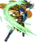  armor armored_boots axe battle_axe belt blue_eyes blue_hair boots cape collarbone cosplay elbow_gloves fire_emblem fire_emblem:_souen_no_kiseki fire_emblem_heroes full_body gloves greil greil_(cosplay) headband highres holding holding_weapon ike kita_senri looking_away male_focus official_art open_mouth serious shoulder_armor solo transparent_background weapon 