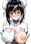  1girl areolae bangs black_hair blush bodysuit breasts bun_cover choker closed_mouth cum cum_on_body cum_on_breasts cum_on_hair cum_on_upper_body double_bun facial fate/grand_order fate_(series) green_eyes highres inverted_nipples kanno_takanori large_breasts looking_at_viewer nose_blush qin_liangyu_(fate) short_hair sidelocks simple_background smile solo sweat torn_bodysuit torn_clothes upper_body white_background white_bodysuit 