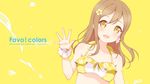  6u_(eternal_land) bangs bikini blush breasts brown_hair halterneck highres kunikida_hanamaru long_hair looking_at_viewer love_live! love_live!_sunshine!! non-web_source open_mouth simple_background small_breasts smile solo splashing swimsuit text_focus wallpaper waving yellow_eyes 